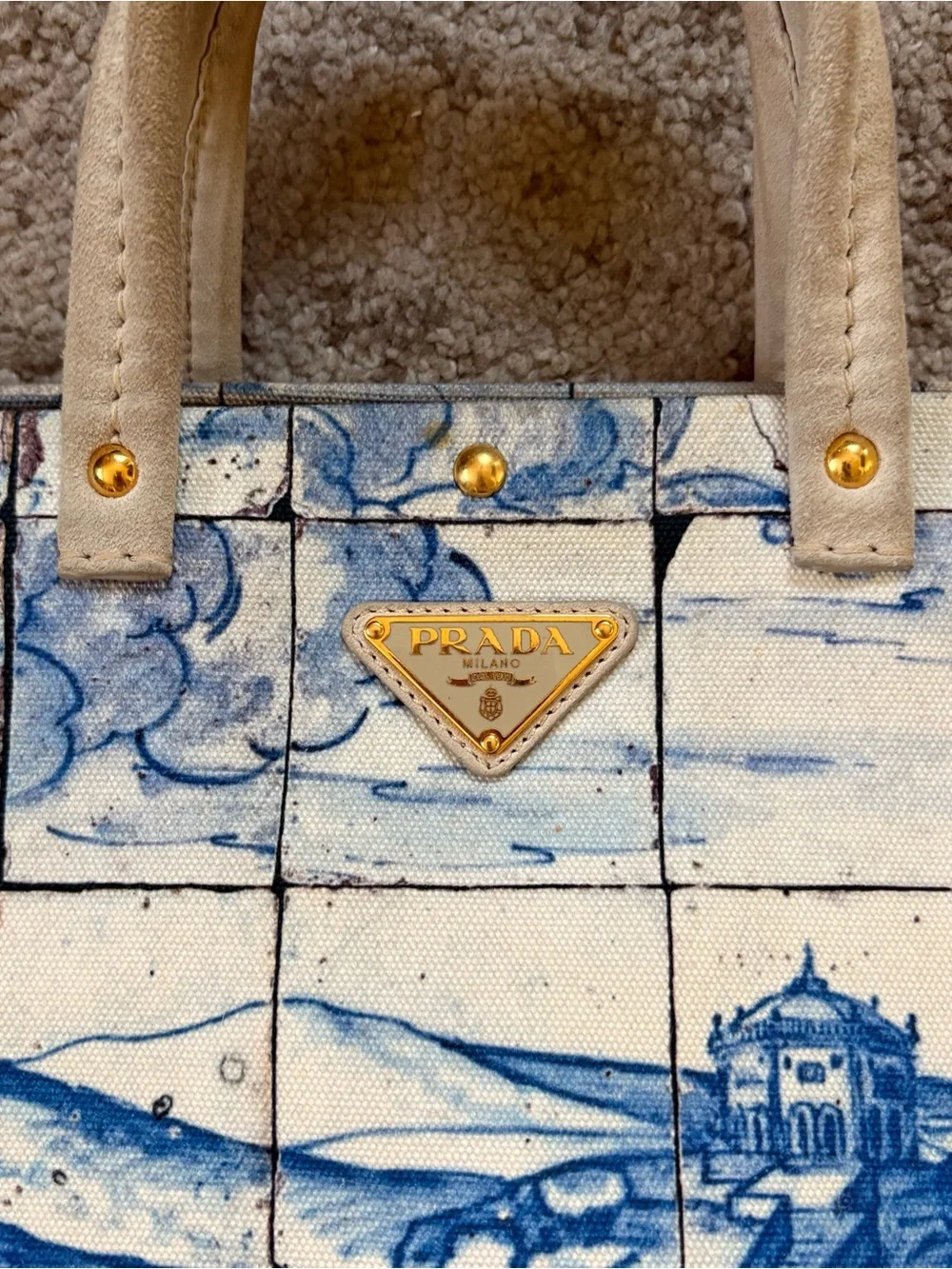 Prada Blue and White Scenic Satchel with Cream Handles